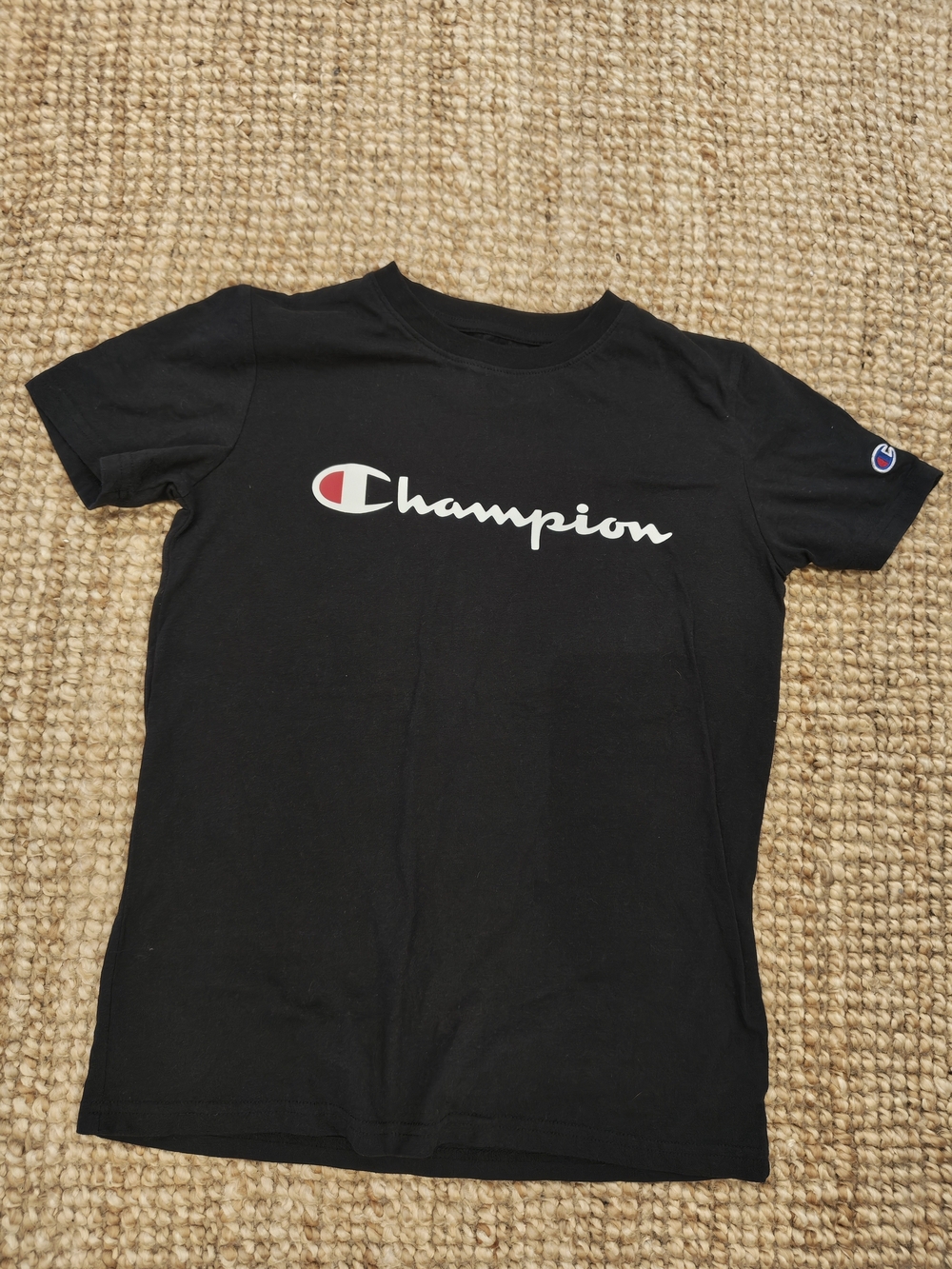 Champion Black Tee with White Script and Red Accent